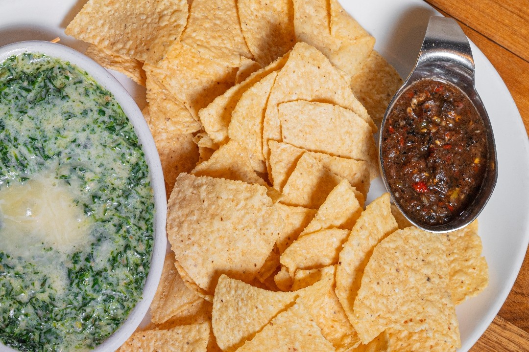 Spinach and Artichoke Dip with Salsa and Tortilla Chips