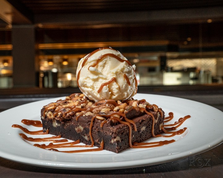 Warm Nutty Brownie with Salted Caramel Sauce