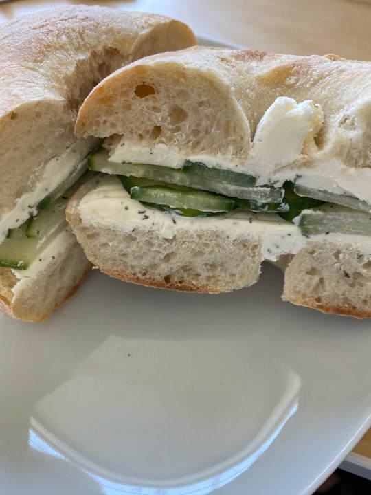 Bagel with dill cream cheese and cucumber