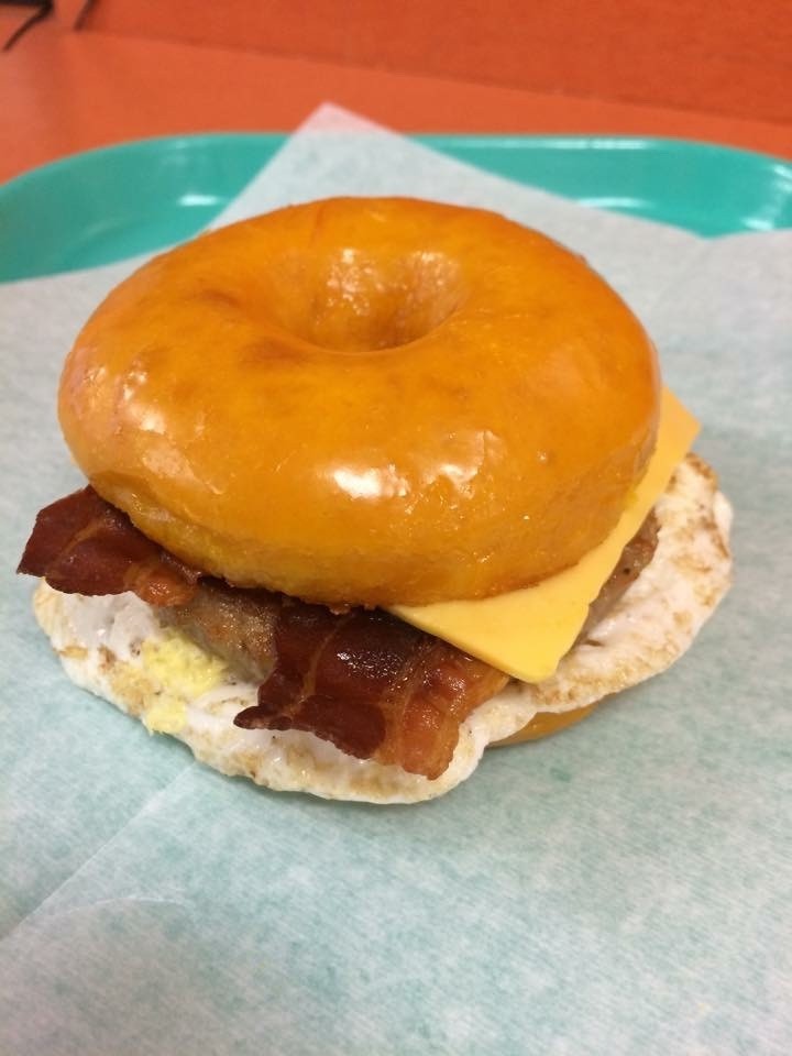 Glaze Donut Sandwich: Bacon, Egg, Sausage, Cheese