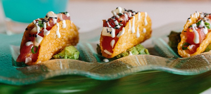Coconut shrimp & poke taco platter
