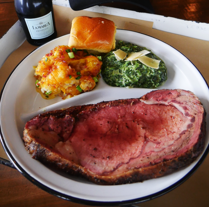 Smoked Prime Rib Plate - with Creamed Spinach, Cheesy Tater Tot Casserole, Horseradish Cream Sauce, & dinner roll