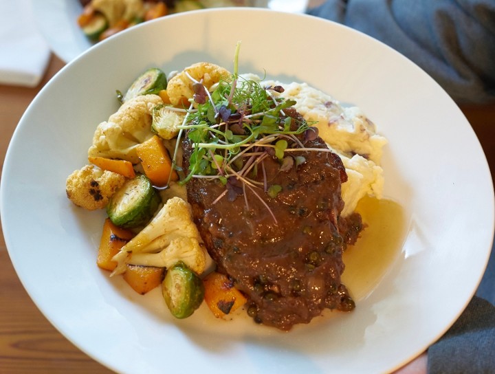 Pork Ribeye With Peppercorn Dijon, Mashers, Veg or Side Salad