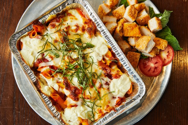 Baked Ziti Casserole with Breaded Chicken