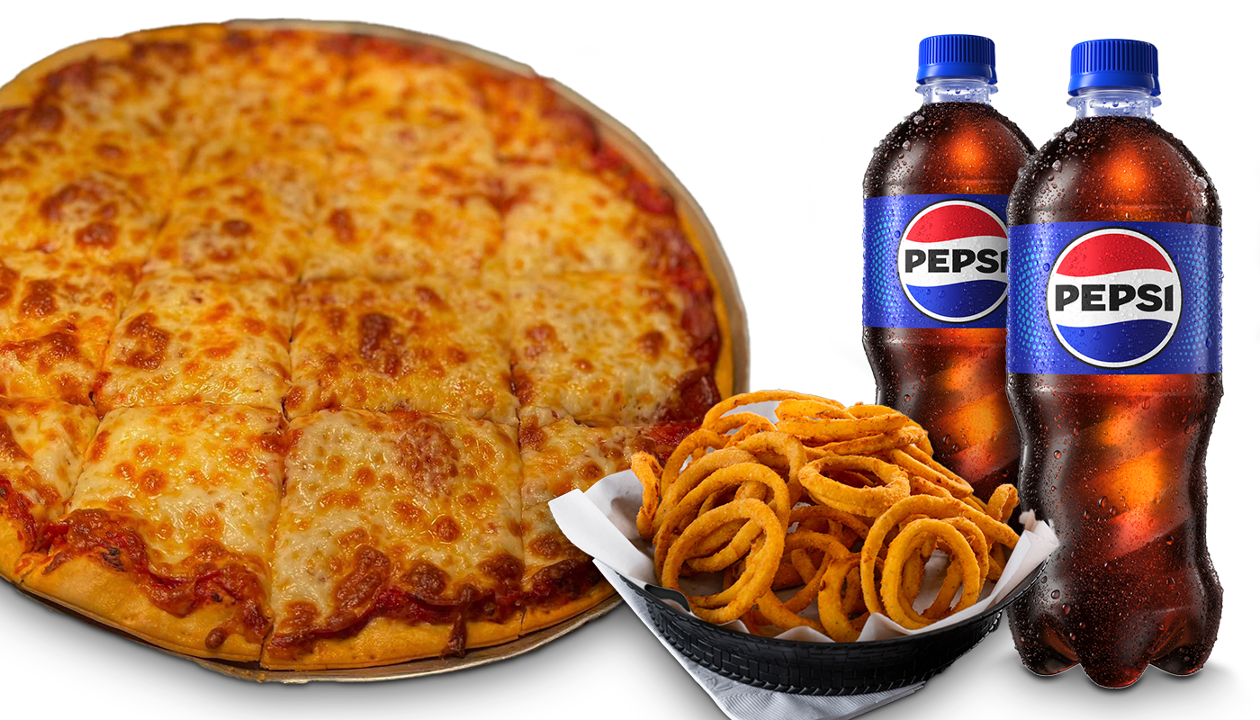 Large one topping pizza, full order of onion rings, 2-20 oz Pepsi Sodas