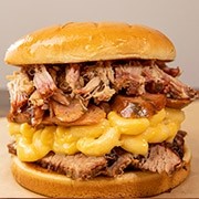 Trinity Stacker Sandwich (Pulled Pork, Sausage, Brisket) + Mac n Cheese