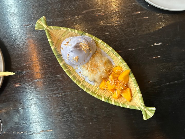 Coconut Sticky Rice with Mango & Ube Ice Cream