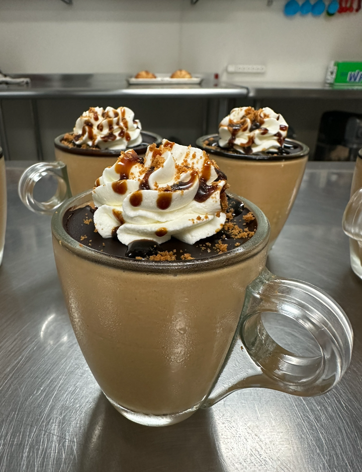 Glass espresso cup layered dessert