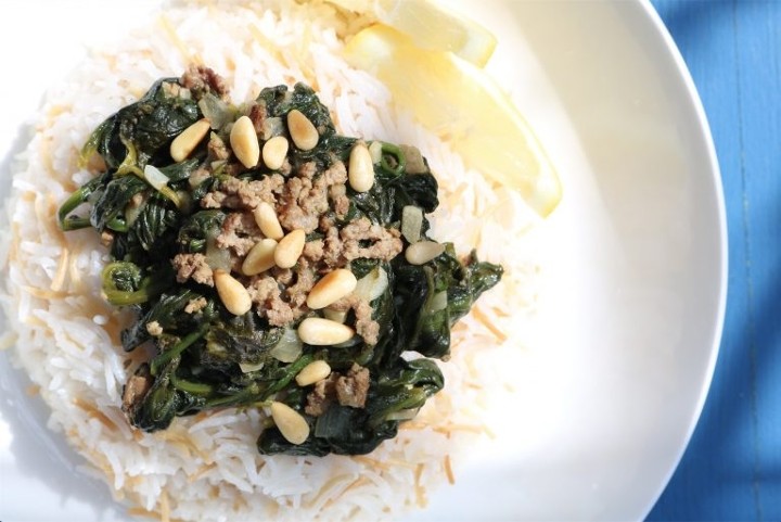 Spinach Stew with rice (yakhnet sabanegh)
