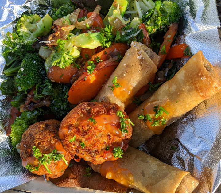 Potato Crouettes W/ Pan-Seared Vegetables & Lumpia