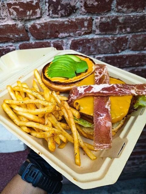 Open faced Avocado Bacon Cheese burger