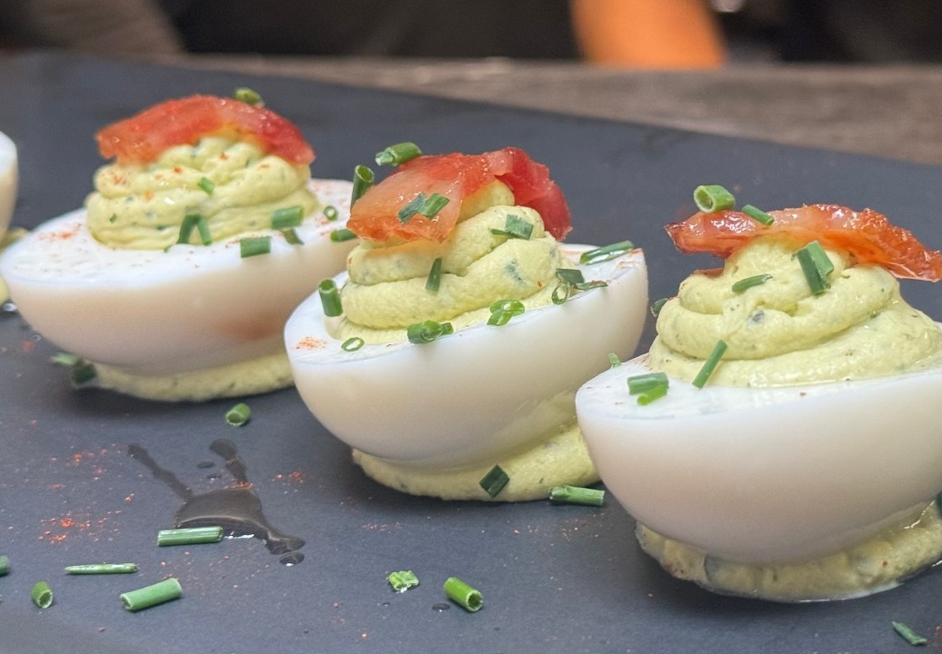 GREEN GODDESS CANDIED BACON DEVILED EGGS