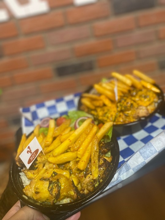 Peri-Chicken over Peri Rice, with salad and Fries, & can of Coke