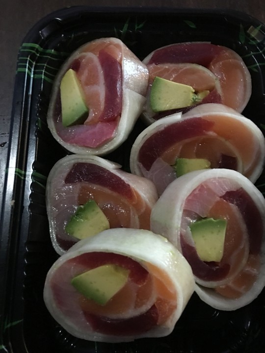 Tuna, Salmon, Yellowtail, Avocado, and tobiko naruto
