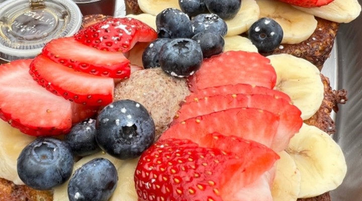 French Toast with Almond Butter, Maple, Fruit