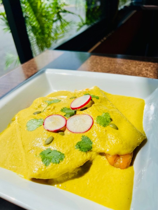 Shrimp & Corn Enchiladas with Yellow Pipián Mole (GF)**