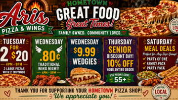 Ari's Pizza & Wings
446 Weber Road
Oakland MD 21550