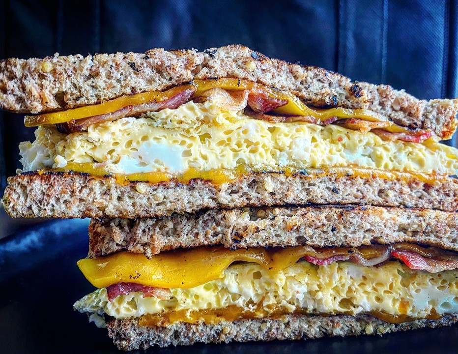 French Toast Breakfast Sandwich | Scrambled Egg | Turkey Bacon | Cheddar