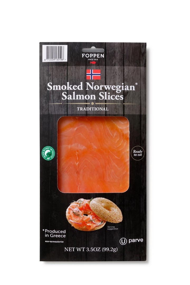 Gourmet Norwegian Smoked Salmon, Pre-Sliced, Fully Trimmed -3.5 Oz.