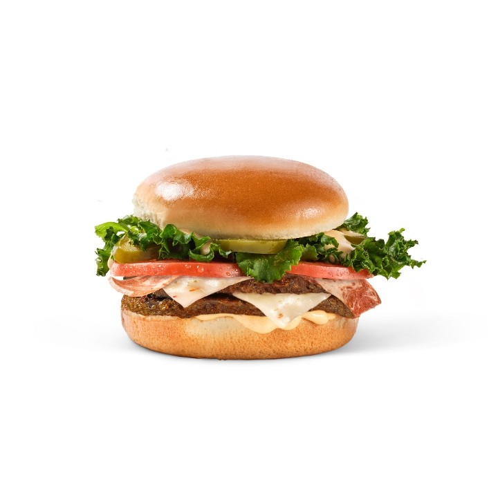 Plant Power Fast Food Fountain Valley Pepper Jack 'Bacon' Stack Burger