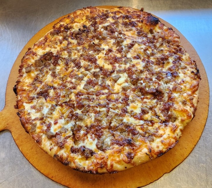 ROMAN RANCHER: White pizza with meatballs, bacon, and crispy onions topped with ranch and BBQ Sauce