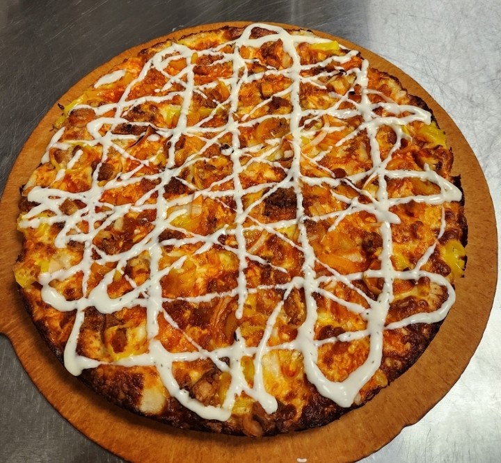 DEATH BY BUFFALO: Pizza cheese, crispy chicken, onions, crispy onions, banana peppers, buffalo sauce. AFTER COOKED ranch drizzle