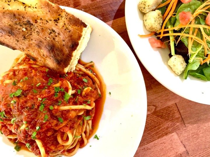 (T) Spaghetti Marinara, Salad & Focaccia