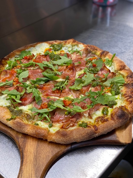 Mortadella-Pistachio Pesto Pizza