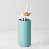 Glass and Bamboo Water Bottle with Straw Teal