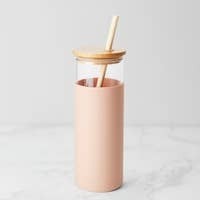 Glass and Bamboo Water Bottle with Straw Blush