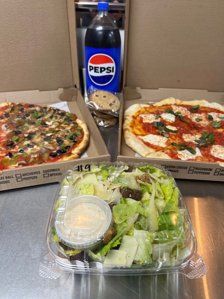 Two Large Pizzas, 2 Liter, and Salad
