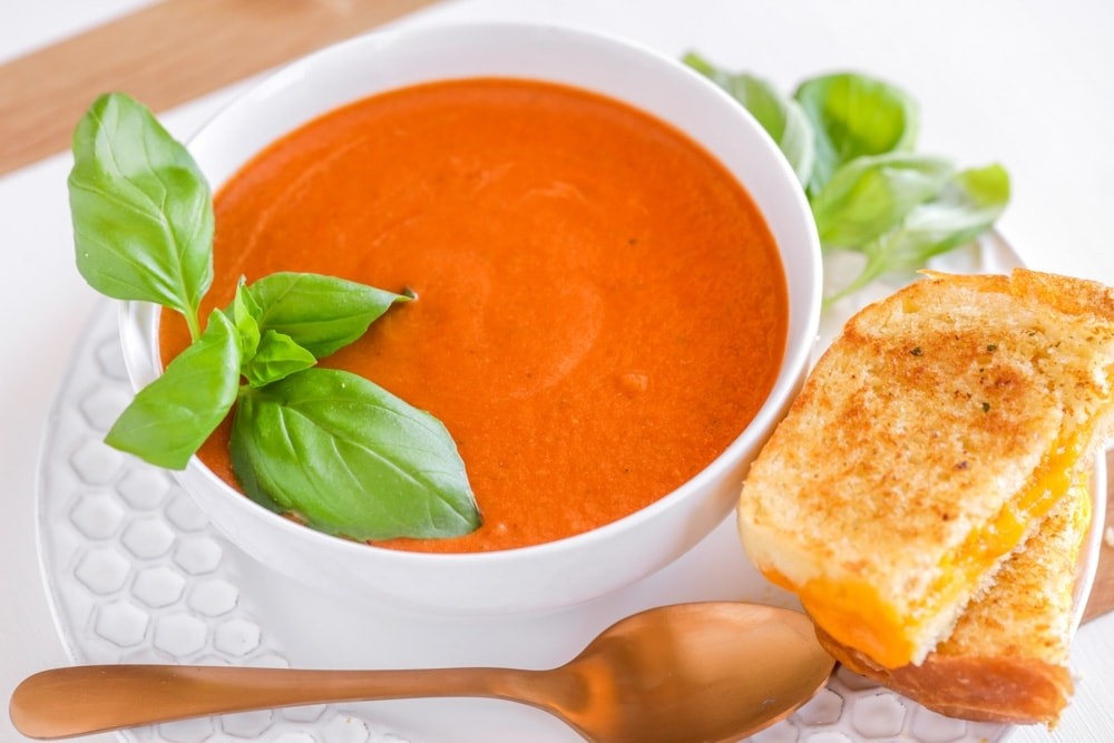 Tomato Basil soup bowl with bread