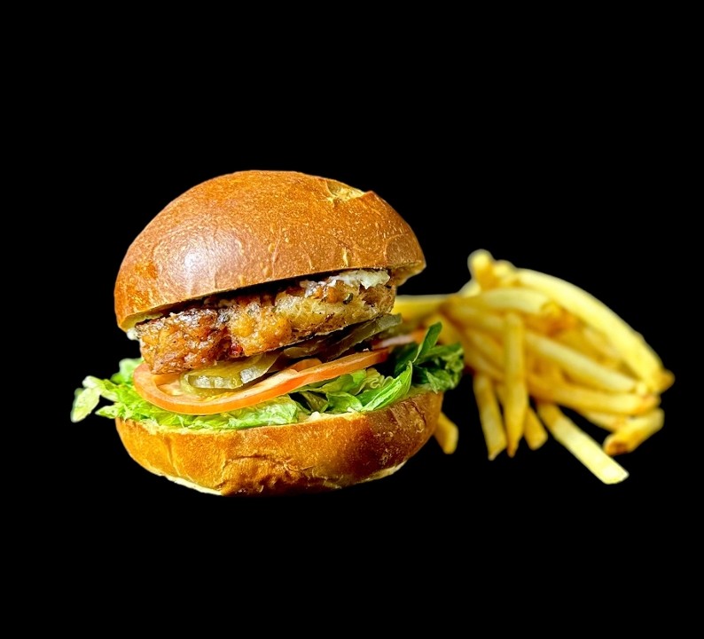 Salmon burger and fries -Promo