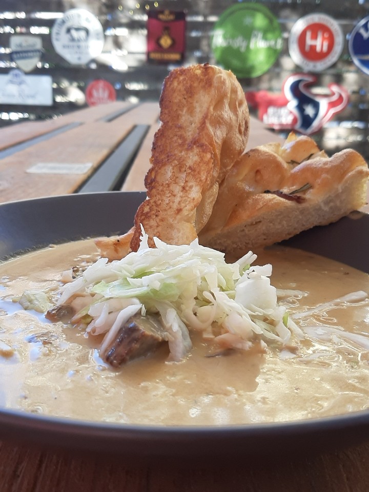 Pastrami Beer Cheese Soup with Foccacia Bread