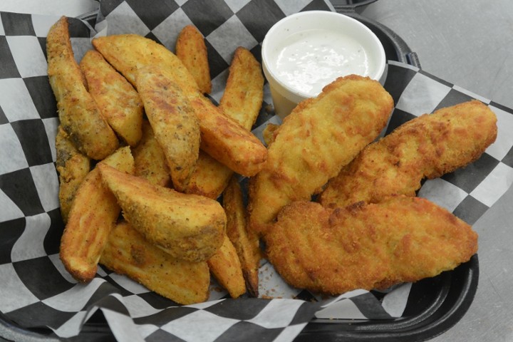 3 pieces of Chicken strips/ Potato Wedges