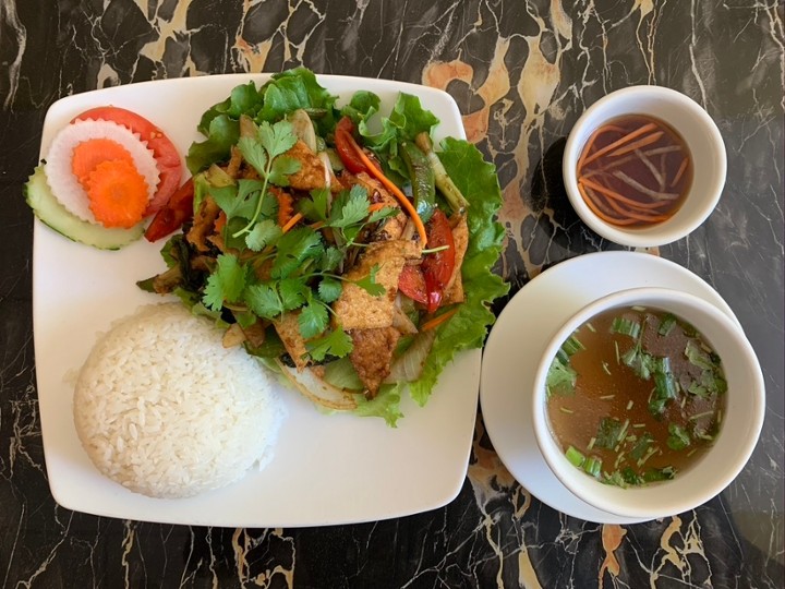 V11. Rice with Tofu & Mix Vegetables - Com Đau Hu Xao Rau Thap Cam
