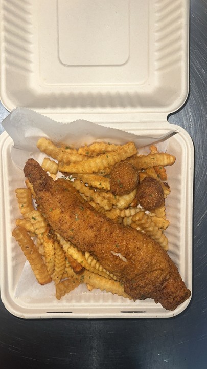 1 FISH, FRIES AND 2 HUSH PUPPIES (WHITING)