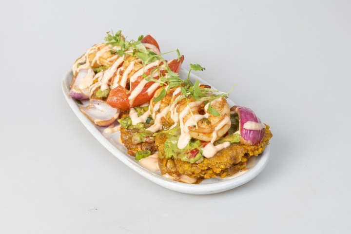 Fried Green Plantains with Shrimp and Guasacaca
