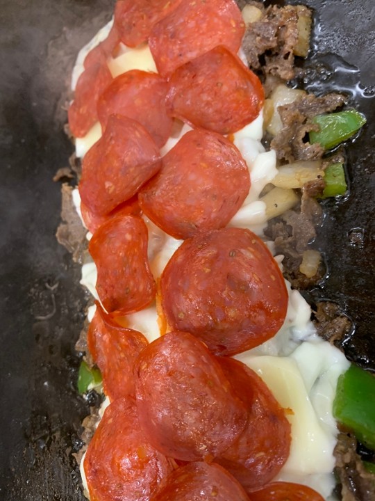 Pepperoni Pizza Philly cheesesteak (9oz of meat on a  Amoroso  roll) of Philly cheesesteak meat with peppers onions pepperoni mozzarella and pizza sauce