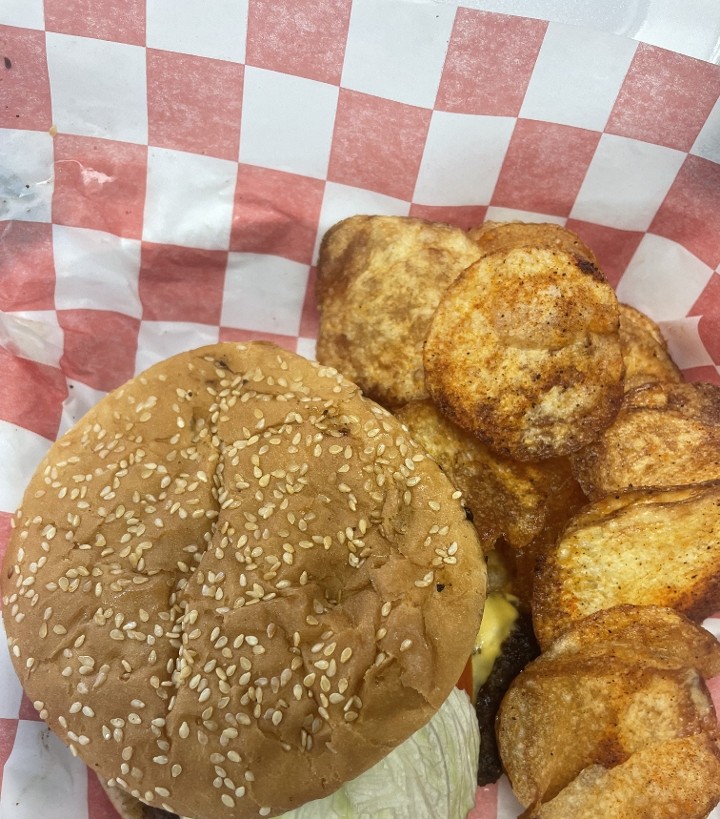 1/2 lb. Beef Burger w/Homemade Chips or Potato Logs