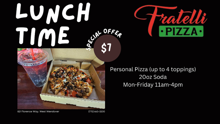 8" Personal up to 4 toppings + Soda