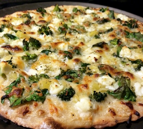 White Pizza w/ Roasted Piquillo Pepper Broccoli and Garlic