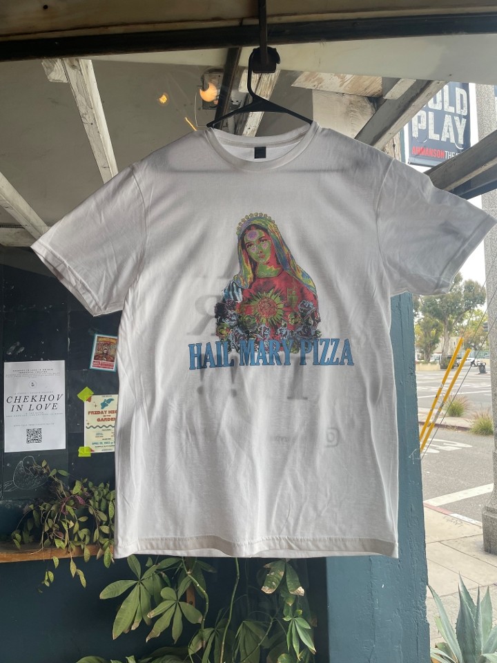 T-shirts - Hail Mary Pizza...Pray for it - White Multi-color logo - Med