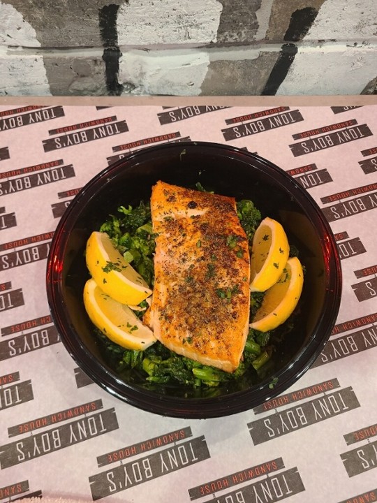 Grilled salmon over Broccoli rabe