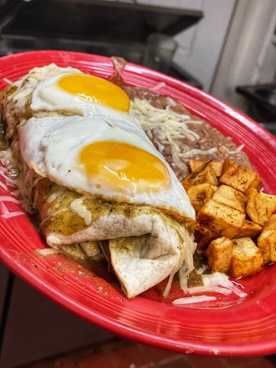 CHILE VERDE BURRITO TOPPED/ 2 EGGS