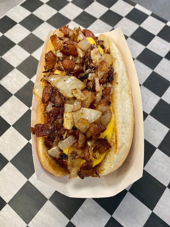 Slower Lower Dog w/BBQ,Fried Onions,Bacon & Cheese