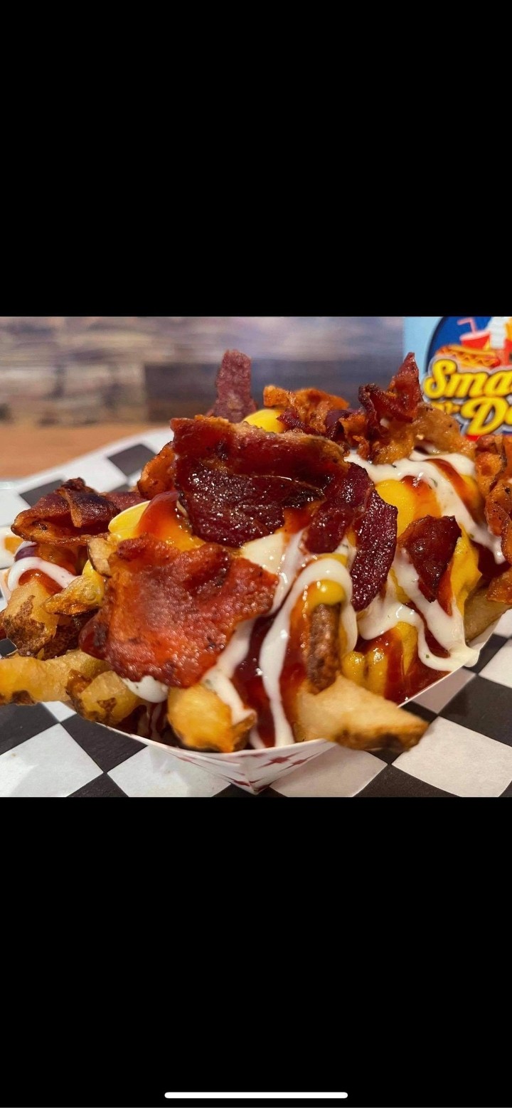 Smash Fries w/BBQ, Ranch, Bacon & Cheese