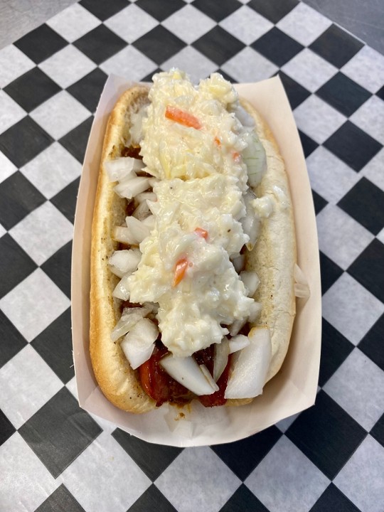 Carolina Dog w/Chili,Coleslaw & Raw Onions