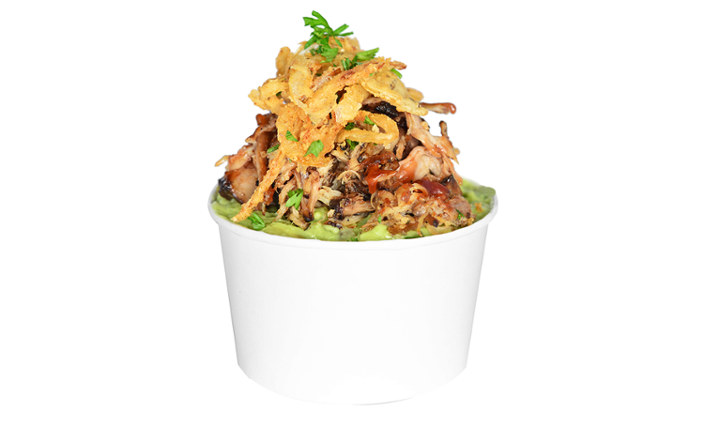 GUAC & CHIPS WITH PULLED BBQ PORK & CRISPY ONIONS