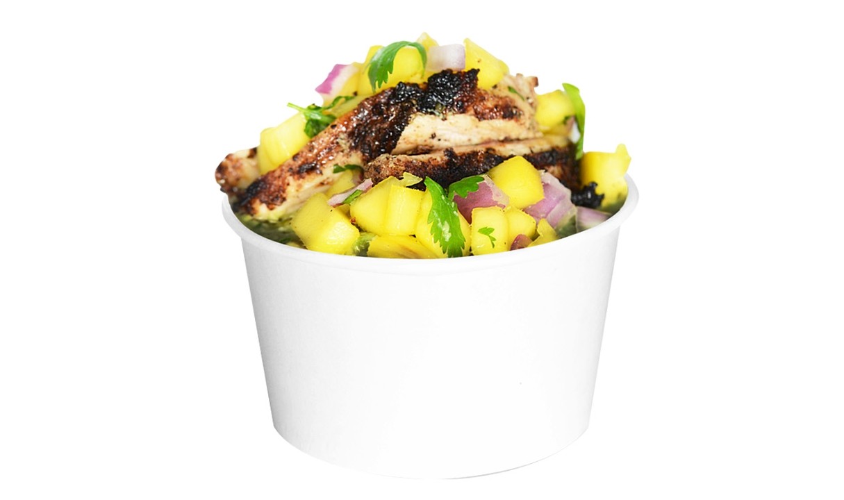 GUAC & CHIPS WITH CHIPOTLE CHICKEN & MANGO SALSA